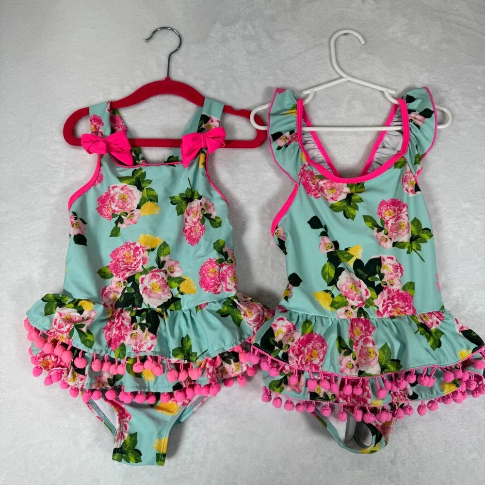 Betsey Johnson Swimsuit Girls 6X Lot of 2 Pink Floral Pom‎ Pom Ruffle Swimwear